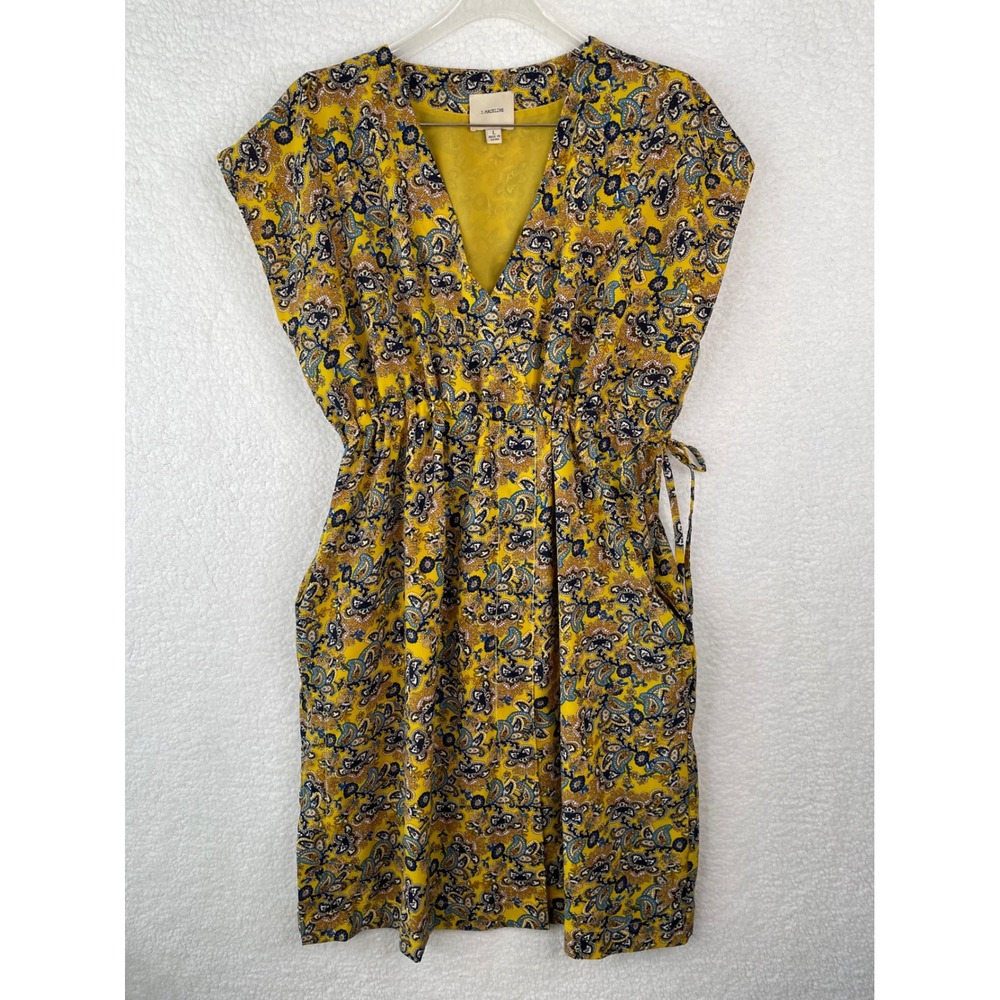 I. Madeline Womens Mustard‎ Yellow Paisley V-Neck Drawstring Mini Dress Large L